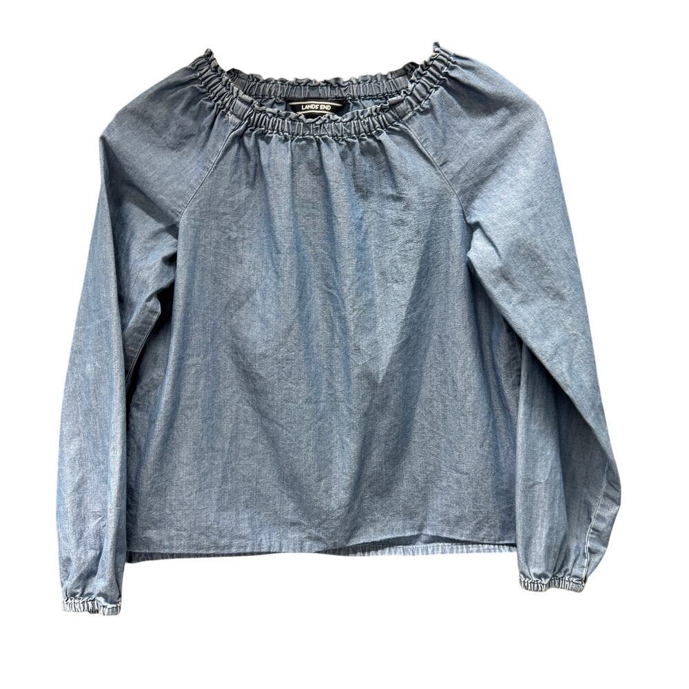 Lands End Blouse Womens Medium Blue Cropped Coastal Chambray Long Sleeve Cotton